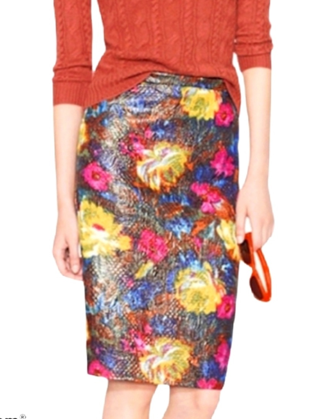 J Crew Collection Floral Brocade Pencil Skirt Metallic Silk